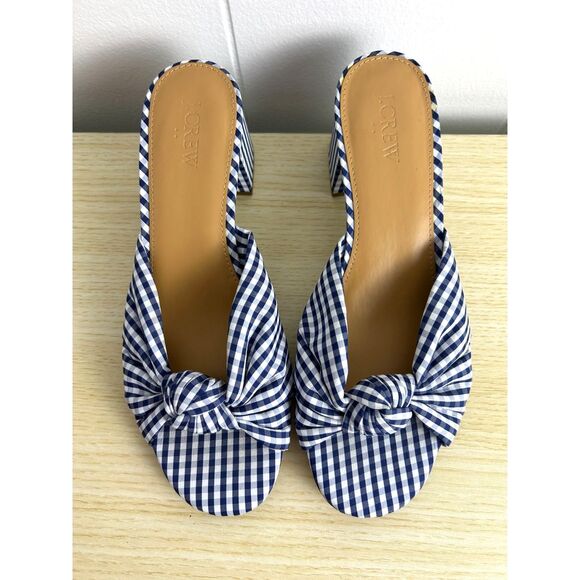 J. Crew Shoes Size 9 Navy Blue White Gingham Plaid Knotted Chunky‎ Heel Sandals - Picture 2 of 5